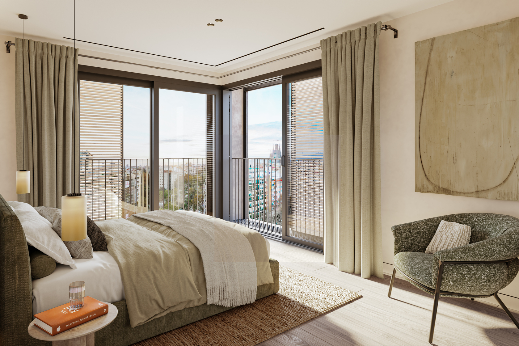 Bedroom with an olive-green upholstered bed, floor-to-ceiling windows with wooden shutters, a bouclé armchair and a view of the Sagrada Família.
